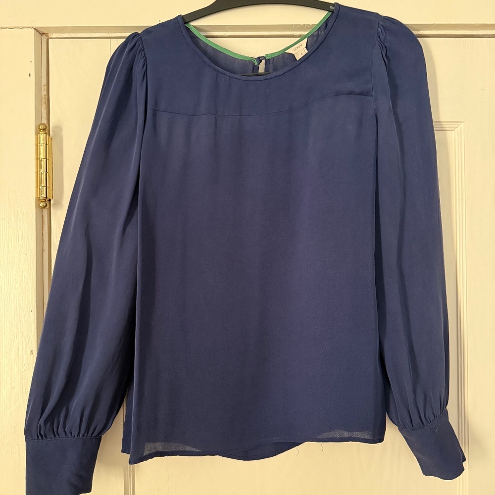 JCrew Navy Blue 100% Silk Long Sleeved Blouse